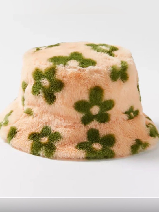 Accessories - 4 for $25- Peach Faux Fur Bucket Hat with Green Floral Pattern